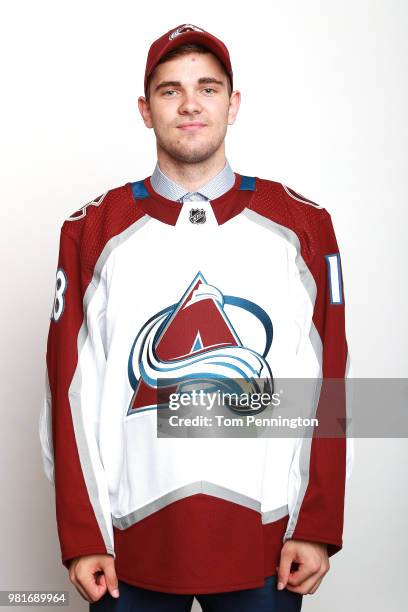 Martin Kaut poses after being selected sixteenth overall by the Colorado Avalancheduring the first round of the 2018 NHL Draft at American Airlines...