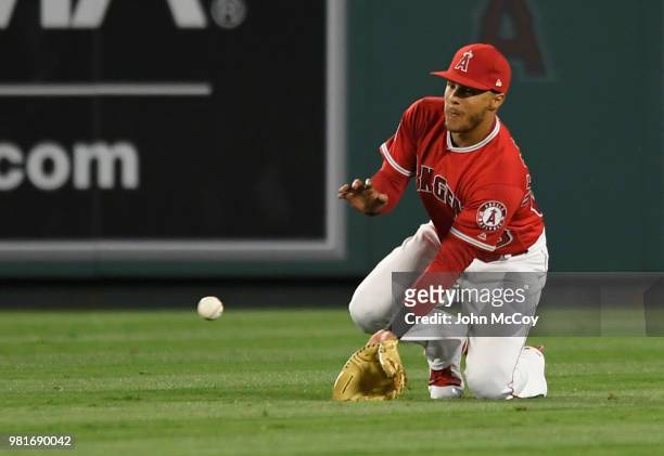 Michael Hermosillo of the Los Angeles Angels of Anaheim can not catch a ball hit by Steve Pearce of the Toronto Blue Jays in the seventh inning at...