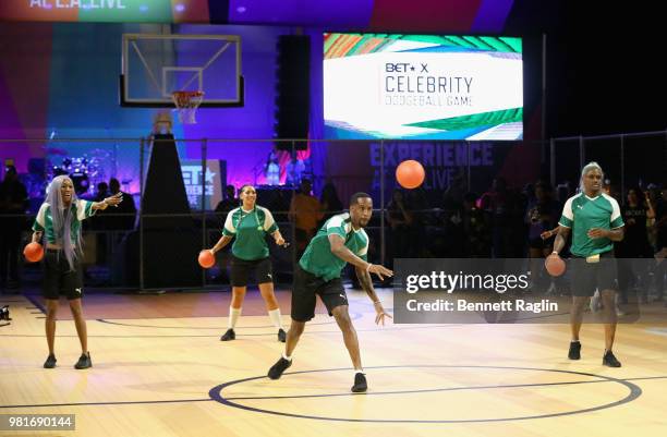 Jay'La Milan, Bridget Kelly, Safaree and BlameitonKway compete during the Celebrity Dodgeball Game at 2018 BET Experience Fan Fest at Los Angeles...