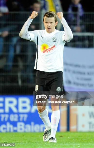 Regis Dorn of Sandhausen celebrates after scoring his team's second goal during the 3. Liga match between SV Sandhausen and VfL Osnabrueck at the...