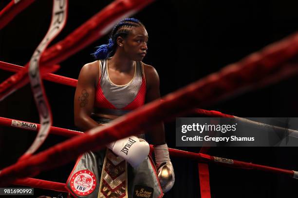 Claressa Shields prepares to fight Hanna Gabriels of Costa Rica for the IBF and WBA world middleweight championship at the Masonic Temple Theater on...