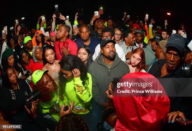 Teyana Taylor and Kanye West attend Teyana Taylor Album Release Party at Universal Studios Hollywood on June 21, 2018 in Universal City, California.
