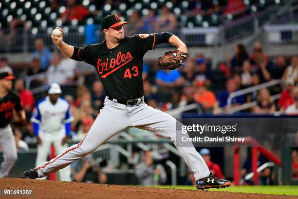 Mike Wright Jr. #43 of the Baltimore Orioles pitches during the fifteenth inning against the Atlanta Braves at SunTrust Park on June 22, 2018 in...