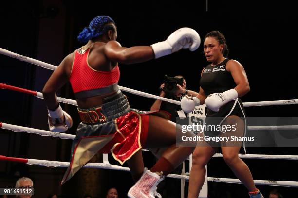 Hanna Gabriels of Costa Rica knocks down Claressa Shields in the fist round during their IBF and WBA world middleweight championship fight at the...