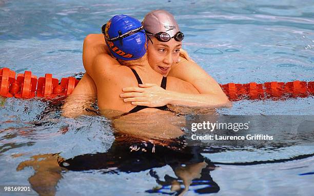 Elizabeth Simmonds of Loughborough University celebrates her gold in the Womens Open 100m Backstroke during the British Swimming Championships at...