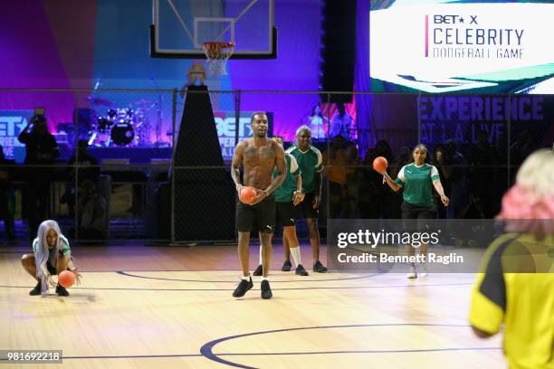 Jay'La Milan, Safaree, BlameitonKway and Brooke Valentine compete during the Celebrity Dodgeball Game at 2018 BET Experience Fan Fest at Los Angeles...