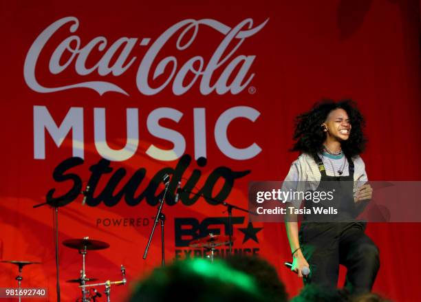 Trinidad Cardona performs at the Coca-Cola Music Studio at the 2018 BET Experience Fan Fest at Los Angeles Convention Center on June 22, 2018 in Los...