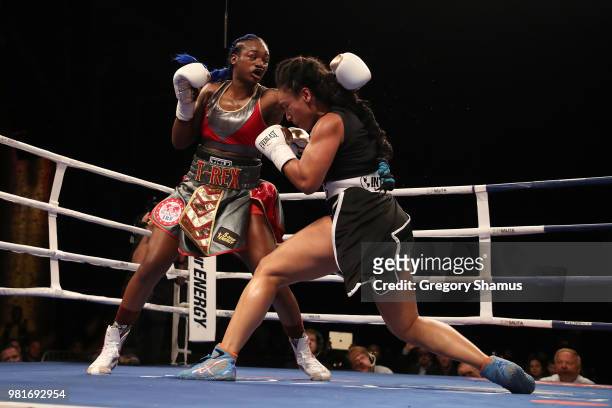 Claressa Shields battles Hanna Gabriels of Costa Rica in the third round during their IBF and WBA world middleweight championship fight at the...