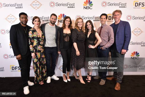 Jocko Sims, Janet Montgomery, Ryan Eggold, Kaily Smith Westbrook, Krista Smith, Randi Kleiner, David Schulner and Peter Horton at the opening of...