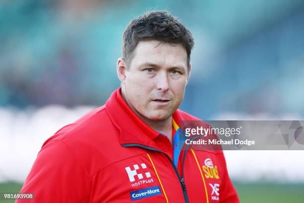 Suns head coach Stuart Dew during the round 14 AFL match between the Hawthorn Hawks and the Gold Coast Suns at University of Tasmania Stadium on June...