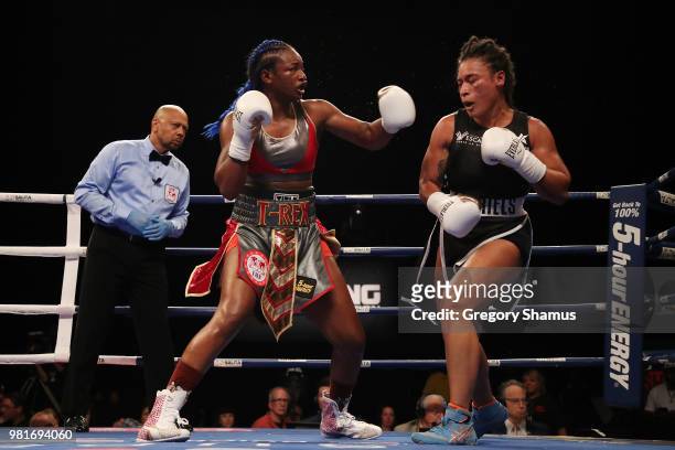 Claressa Shields battles Hanna Gabriels of Costa Rica in the sixth round during their IBF and WBA world middleweight championship fight at the...