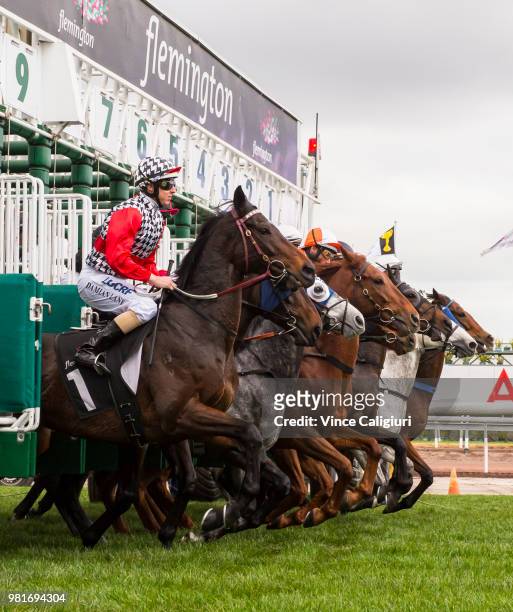 Damian Lane riding High Church is seen during start of Race 4 during Melbourne Racing at Flemington Racecourse on June 23, 2018 in Melbourne,...