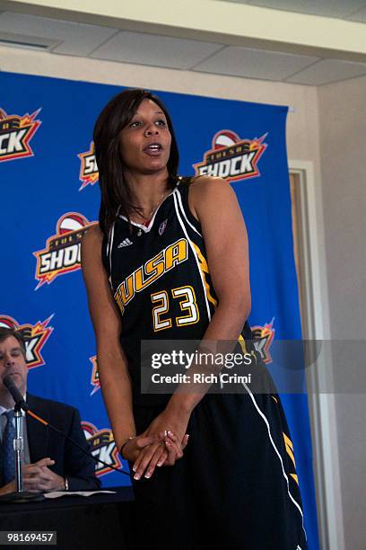 Plenette Pierson models the away uniform as the Tulsa Shock unveil their Jersey and Warren Clinic Orthopedic Surgery and Sports Medicine are named...