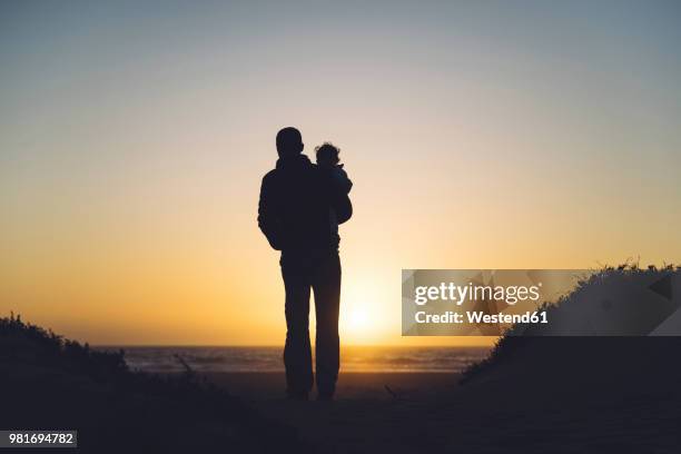 usa, california, morro bay, silhouettes of father and baby enjoying sunset on the beach - child silhouette ocean stock pictures, royalty-free photos & images