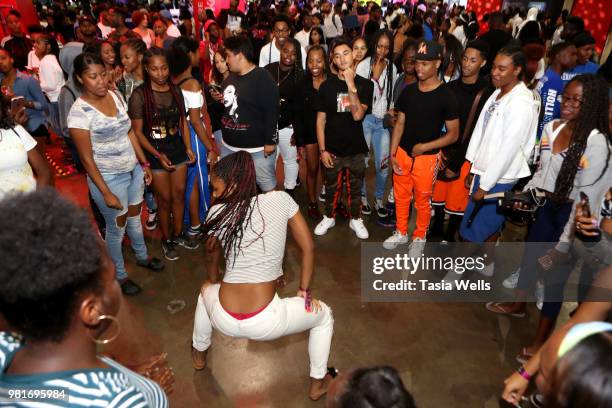 Guests dance at the Coca-Cola Music Studio at the 2018 BET Experience Fan Fest at Los Angeles Convention Center on June 22, 2018 in Los Angeles,...