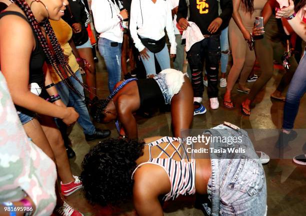 Guests dance at the Coca-Cola Music Studio at the 2018 BET Experience Fan Fest at Los Angeles Convention Center on June 22, 2018 in Los Angeles,...