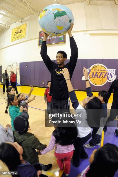 Gabriel Hughes of the Los Angeles D-Fenders participates in a "Just Like You" workshop at Toyota Sports Center on February 10, 2010 in El Segundo,...