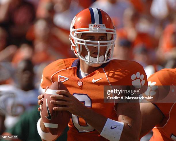 Clemson quarterback Charlie Whitehurst sets to pass against the University of Miami September 17, 2005 at Clemson.