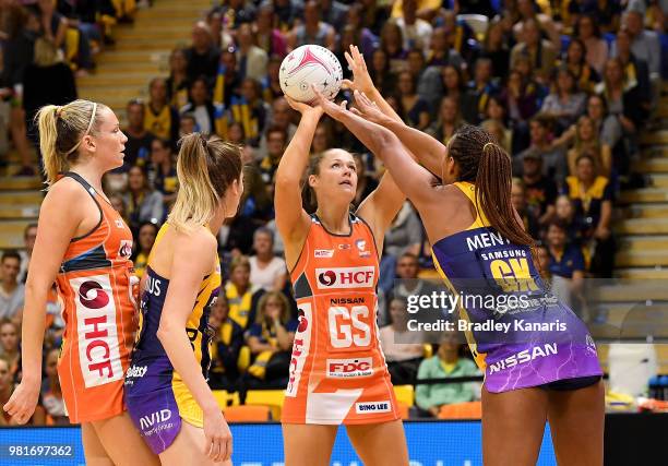 Susan Pettitt of the Giants shoots during the round eight Super Netball match between the Lightning and the Giants at University of the Sunshine...