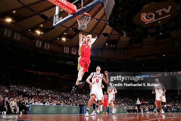 Chase Budinger of the Houston Rockets goes to the basket against the New York Knicks during the game on March 21, 2010 at Madison Square Garden in...