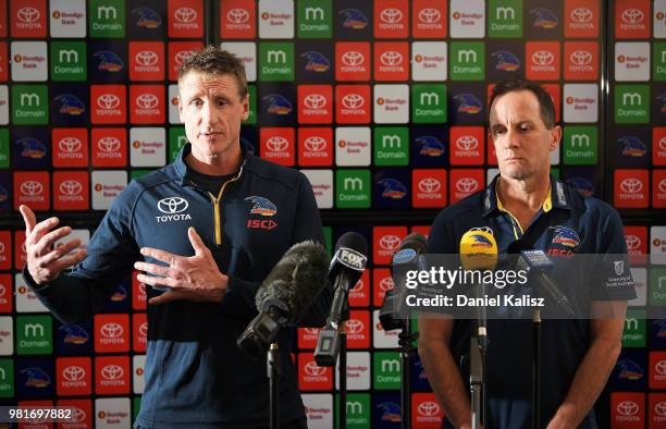 Adelaide Crows football manager Brett Burton and Adelaide Crows Senior Coach Don Pyke speak to the media during a press conference at AAMI Stadium on...