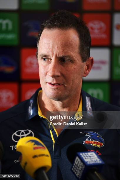 Adelaide Crows coach Don Pyke speaks to the media during a press conference at AAMI Stadium on June 23, 2018 in Adelaide, Australia.