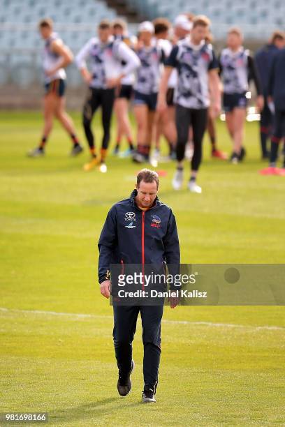 Adelaide Crows coach Don Pyke looks on during a training session held prior to a press conference at AAMI Stadium on June 23, 2018 in Adelaide,...
