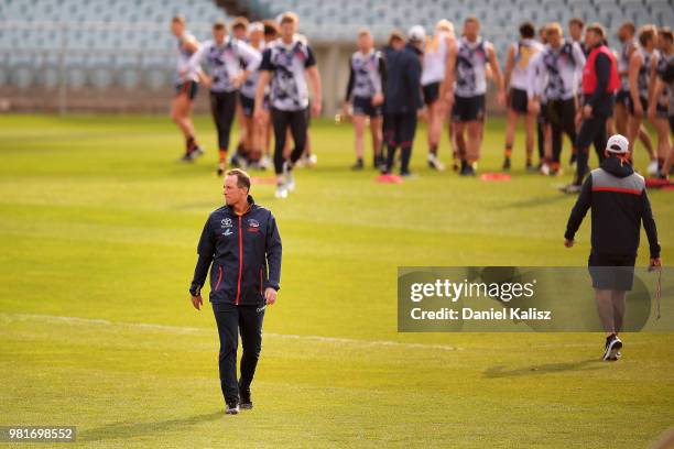 Adelaide Crows coach Don Pyke looks on during a training session held prior to a press conference at AAMI Stadium on June 23, 2018 in Adelaide,...