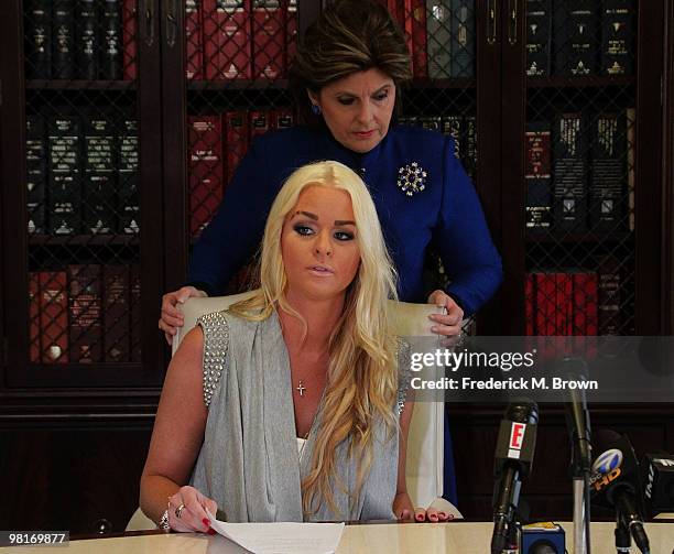 Recording artist January Gessert and attorney Gloria Allred speak during a press conference at the law offices of attorney Gloria Allred on March 31,...