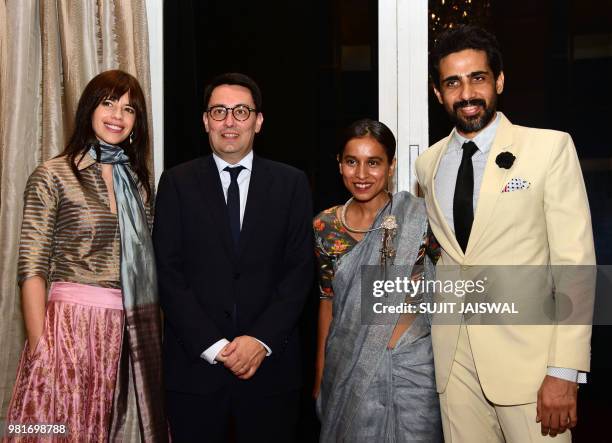 Indian Bollywood actress Kalki Koechlin , France's ambassador to India Alexandre Ziegler , Tillotama Shome and Gulshan Devaiya attend a ceremony to...