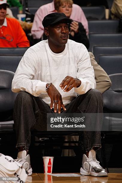 Charlotte Bobcats majority owner Michael Jordan sits courtside during the game against the Washington Wizards on February 9, 2010 at the Time Warner...