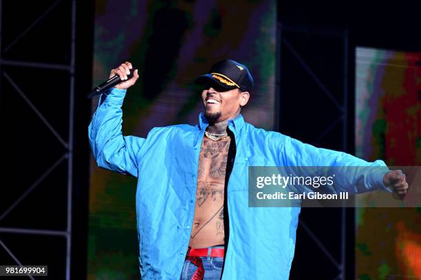 Chris Brown performs at 2018 BET Experience Staples Center Concert, sponsored by COCA-COLA, at L.A. Live on June 22, 2018 in Los Angeles, California.