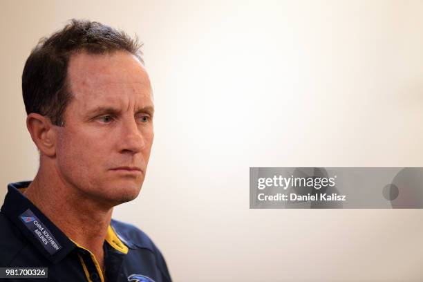 Adelaide Crows coach Don Pyke speaks to the media during a press conference at AAMI Stadium on June 23, 2018 in Adelaide, Australia.