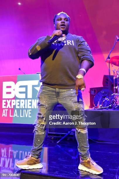 Tee Grizzley performs at the BETX Main Stage, sponsored by Credit Karma, at 2018 BET Experience Fan Fest at Los Angeles Convention Center on June 22,...