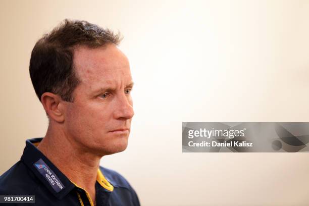 Adelaide Crows coach Don Pyke speaks to the media during a press conference at AAMI Stadium on June 23, 2018 in Adelaide, Australia.