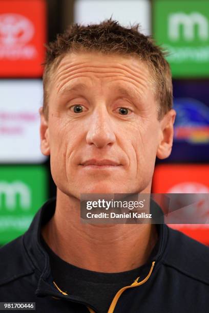 Adelaide Crows football manager Brett Burton speaks to the media during a press conference at AAMI Stadium on June 23, 2018 in Adelaide, Australia.