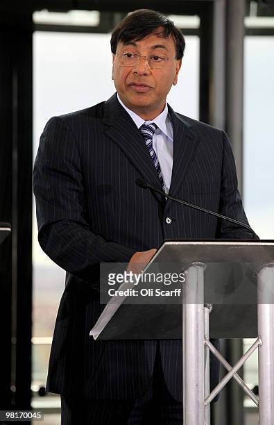 Steel magnate Lakshmi Mittal talks during a press conference to announce the winning design for a visitor attraction to be placed in the 2012 Olympic...