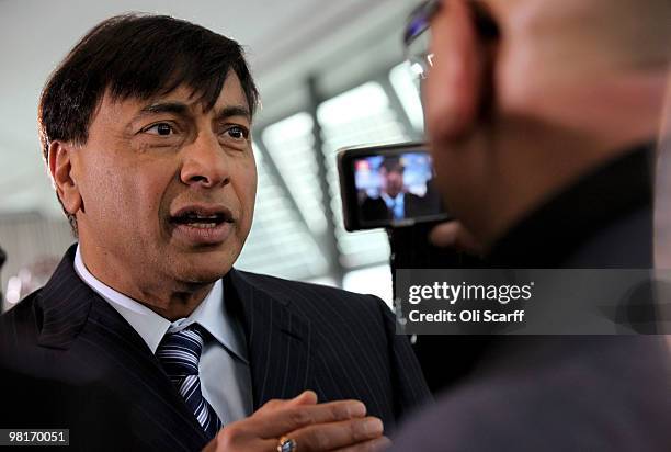 Steel magnate Lakshmi Mittal speaks to the press following a press conference to announce the winning design for a visitor attraction to be placed in...
