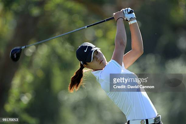 Michelle Wie of the USA on the tee at the 3rd hole during the pro-am as a preview for the 2010 Kraft Nabisco Championship, on Dinah Shore Course at...