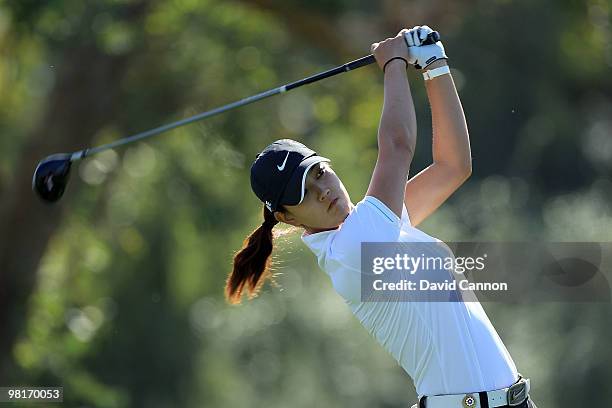 Michelle Wie of the USA on the tee at the 3rd hole during the pro-am as a preview for the 2010 Kraft Nabisco Championship, on Dinah Shore Course at...