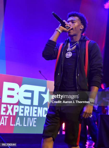 Lil Baby performs at the BETX Main Stage, sponsored by Credit Karma, at 2018 BET Experience Fan Fest at Los Angeles Convention Center on June 22,...