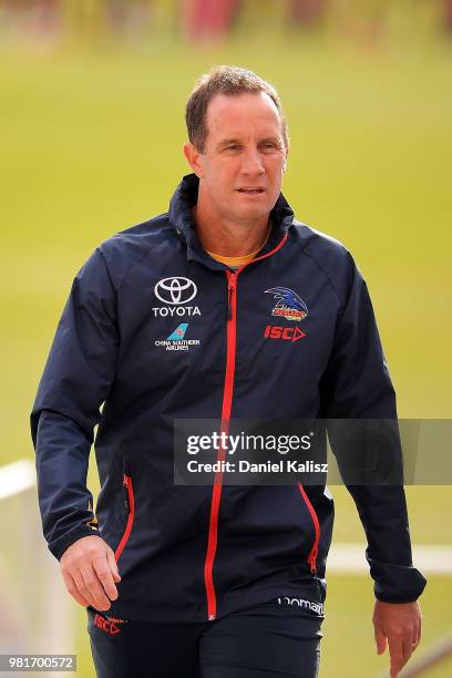 Adelaide Crows Senior Coach Don Pyke is pictured during a training session prior to a press conference at AAMI Stadium on June 23, 2018 in Adelaide,...