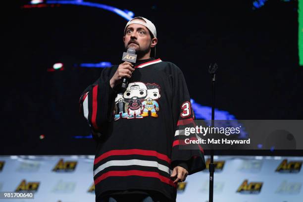 Writer, comedian, podcaster, and film director Kevin Smith speaks on stage during ACE Comic Con on June 22, 2018 at WaMu Theatre in Seattle,...