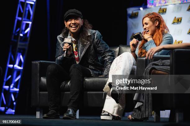Japanese WWE Professional Wrestler Shinsuke Nakamura and Irish WWE Professional Wrestler Becky Lynch speak on stage during ACE Comic Con on June 22,...