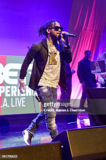 Bryant Myers performs at the BETX Main Stage, sponsored by Credit Karma, at 2018 BET Experience Fan Fest at Los Angeles Convention Center on June 22,...