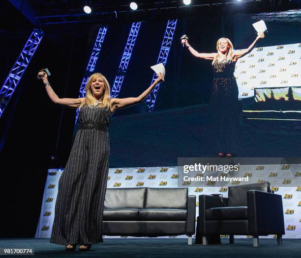 Spanish-American retired ring announcer Lilian Garcia speaks on stage during ACE Comic Con on June 22, 2018 at WaMu Theatre in Seattle, Washington.