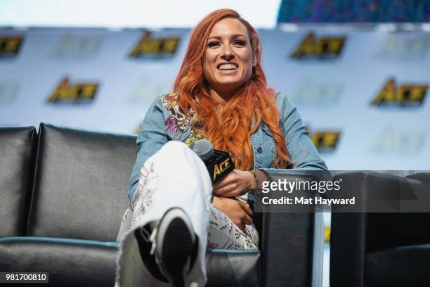 Irish WWE Professional Wrestler Becky Lynch speaks on stage during ACE Comic Con on June 22, 2018 at WaMu Theatre in Seattle, Washington.