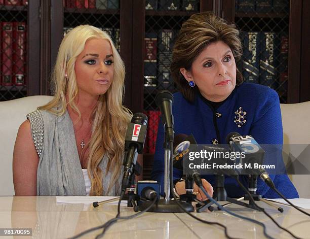 Recording artist January Gessert and attorney Gloria Allred listen to a question at a press conference at Allred law offices on March 31, 2010 in Los...