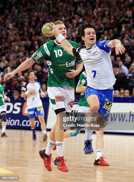 Matthias Flohr of Hamburg throws at goal during the Bundesliga match between HSV Hamburg and FA Goeppingen at the Color Line Arena on March 31, 2010...