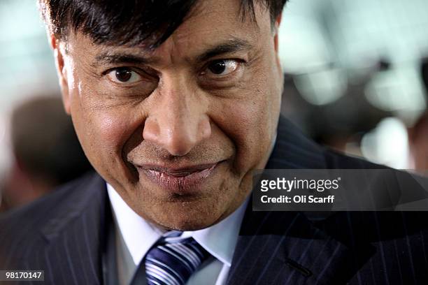 Steel magnate Lakshmi Mittal speaks to the press following a press conference to announce the winning design for a visitor attraction to be placed in...